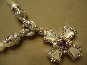 Judith Ripka Maltese Cross and Pearl Necklace – Sterling Silver, Amethyst, Mother-of-Pearl, Designer Signed